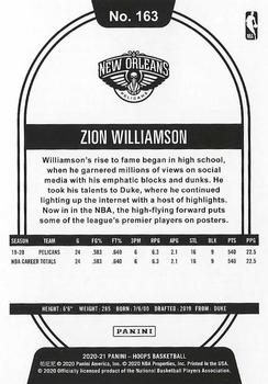 2020-21 Hoops Winter #163 Zion Williamson Back