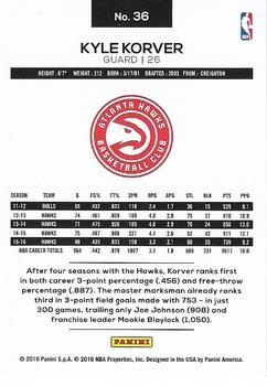 2016-17 Panini NBA International Edition #36 Kyle Korver Back