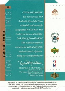 1998-99 SP Authentic - Sign of the Times Bronze #GR Glen Rice Back