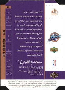1998-99 SP Authentic - Sign of the Times Bronze #JH Jeff Hornacek Back