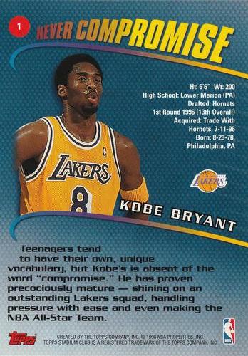 1998-99 Stadium Club - Never Compromise Jumbo #1 Kobe Bryant Back