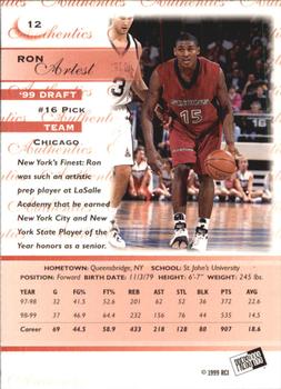 1999 Press Pass Authentics - Hang Time #12 Ron Artest Back