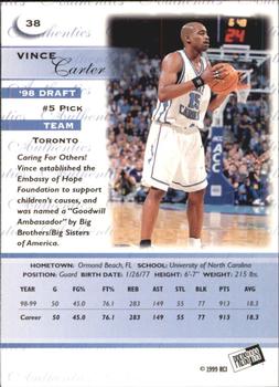 1999 Press Pass Authentics - Hang Time #38 Vince Carter Back