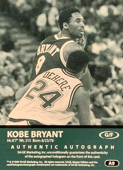 1999 SAGE - Autographs Silver #A9 Kobe Bryant Back