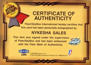 1999 Ultra WNBA - Fresh Ink #7 Nykesha Sales Back