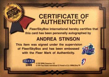 1999 Ultra WNBA - Fresh Ink #9 Andrea Stinson Back