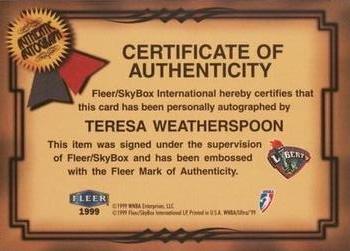 1999 Ultra WNBA - Fresh Ink #13 Teresa Weatherspoon Back