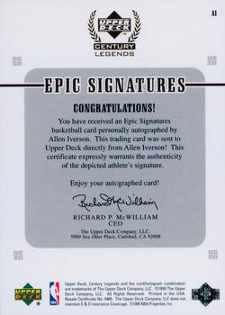 1998-99 Upper Deck Century Legends - Epic Signatures #AI Allen Iverson Back