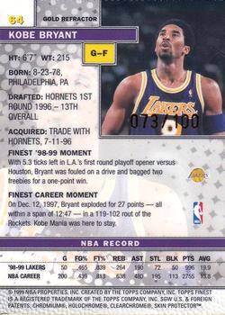 1999-00 Finest - Gold Refractors #64 Kobe Bryant Back