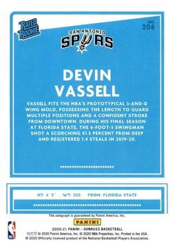 2020-21 Donruss - Rated Rookies Signatures Choice #206 Devin Vassell Back