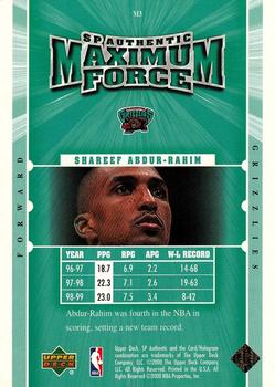 1999-00 SP Authentic - Maximum Force #M3 Shareef Abdur-Rahim Back