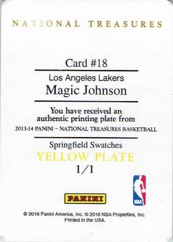 2015-16 Panini National Treasures - 2013-14 Panini National Treasures Springfield Swatches Printing Plates Yellow #18 Magic Johnson Back