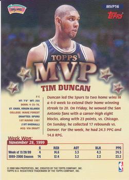 1999-00 Topps - MVP Promotion Prizes #MVP16 Tim Duncan Back