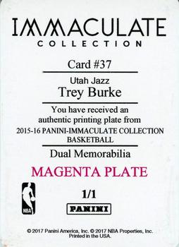 2016-17 Panini National Treasures - 2015-16 Immaculate Collection Dual Memorabilia Printing Plates Magenta #37 Trey Burke Back