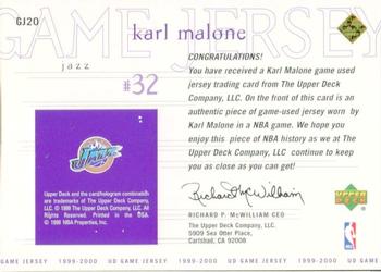 1999-00 Upper Deck - Game Jerseys #GJ20 Karl Malone Back