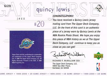 1999-00 Upper Deck - Game Jerseys #GJ29 Quincy Lewis Back