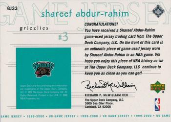 1999-00 Upper Deck - Game Jerseys #GJ33 Shareef Abdur-Rahim Back