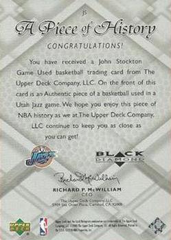 1999-00 Upper Deck Black Diamond - A Piece of History #JS John Stockton Back