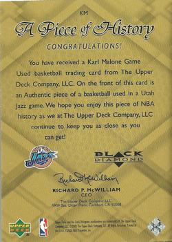 1999-00 Upper Deck Black Diamond - A Piece of History #KM Karl Malone Back
