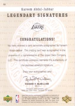 1999-00 Upper Deck Legends - Legendary Signatures Gold #KA Kareem Abdul-Jabbar Back