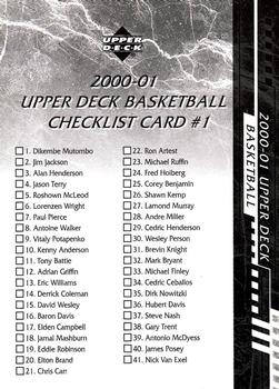 2000-01 Upper Deck - Checklists (Series One) #NNO Checklist 1: 1-82 Front