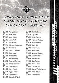 2000-01 Upper Deck - Checklists (Series Two (Game Jersey Edition)) #CL3 Checklist 3: 386-445 Front