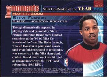 2000-01 Finest - Finest Moments #FM-SF Steve Francis Back