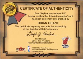 2000-01 Fleer Tradition - Autographics #NNO Brian Grant Back