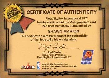 2000-01 Fleer Tradition - Autographics #NNO Shawn Marion Back