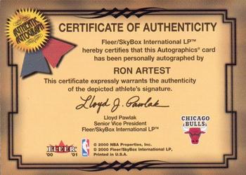 2000-01 Fleer Tradition - Autographics #NNO Ron Artest Back