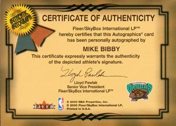 2000-01 Fleer Tradition - Autographics #NNO Mike Bibby Back