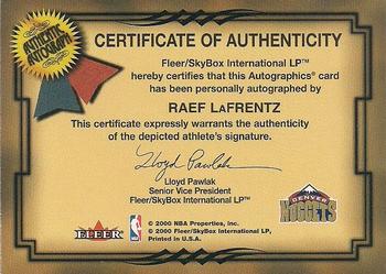 2000-01 Fleer Tradition - Autographics Silver #NNO Raef LaFrentz Back
