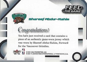 2000-01 Fleer Tradition - Feel the Game #NNO Shareef Abdur-Rahim Back