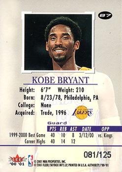 2000-01 Fleer Authority - Prominence SN125/SN75 #87 Kobe Bryant Back