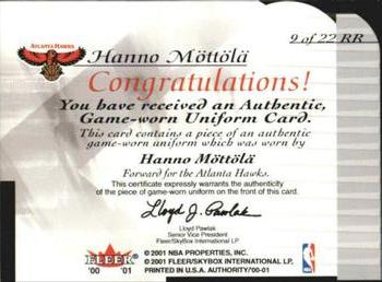 2000-01 Fleer Authority - Rookie Reflections #9 RR Hanno Mottola Back