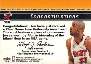 2000-01 Fleer Game Time - Uniformity #NNO Alonzo Mourning Back
