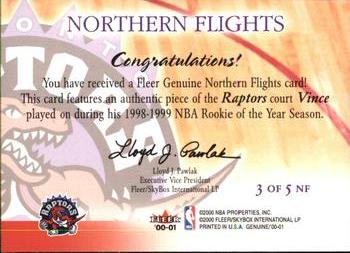 2000-01 Fleer Genuine - Northern Flights #3 NF Vince Carter Back