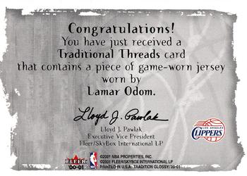 2000-01 Fleer Tradition Glossy - Traditional Threads #NNO Lamar Odom Back