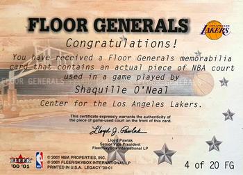 2000-01 Fleer Legacy - Floor Generals #4 FG Shaquille O'Neal Back