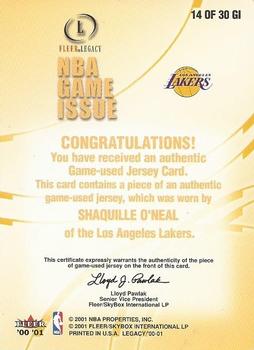 2000-01 Fleer Legacy - NBA Game Issue #14 GI Shaquille O'Neal Back