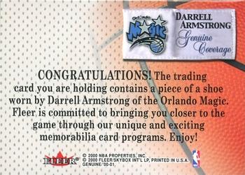2000-01 Hoops Hot Prospects - Fleer Genuine Coverage #NNO Darrell Armstrong Back