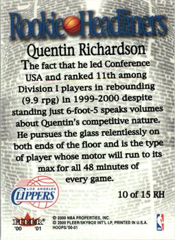 2000-01 Hoops Hot Prospects - Rookie Headliners #10 RH Quentin Richardson Back