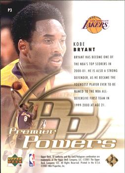 2000-01 SP Authentic - Premier Powers #P3 Kobe Bryant Back