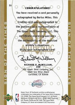 2000-01 SP Authentic - Sign of the Times #DA Darius Miles Back