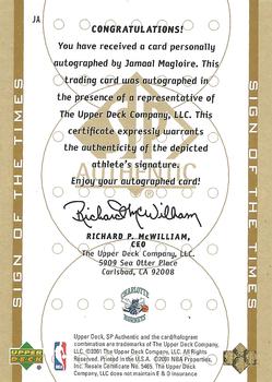 2000-01 SP Authentic - Sign of the Times #JA Jamaal Magloire Back