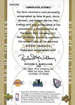 2000-01 SP Authentic - Sign of the Times Triple #KB/KG/KM Kobe Bryant / Kevin Garnett / Kenyon Martin Back