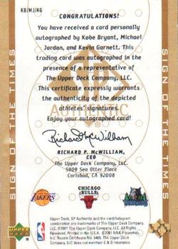 2000-01 SP Authentic - Sign of the Times Triple #KB/MJ/KG Kobe Bryant / Michael Jordan / Kevin Garnett Back