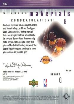 2000-01 SPx - Winning Materials #KB2 Kobe Bryant Back