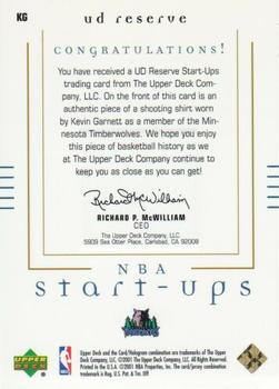 2000-01 UD Reserve - NBA Start-Ups #KG Kevin Garnett Back