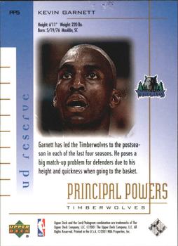 2000-01 UD Reserve - Principal Powers #PP5 Kevin Garnett Back